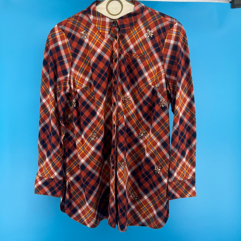 Kim Rogers Petite Orange Plaid Tunic Rhinestone Embellished Button Down Shirt PL - Picture 3 of 8